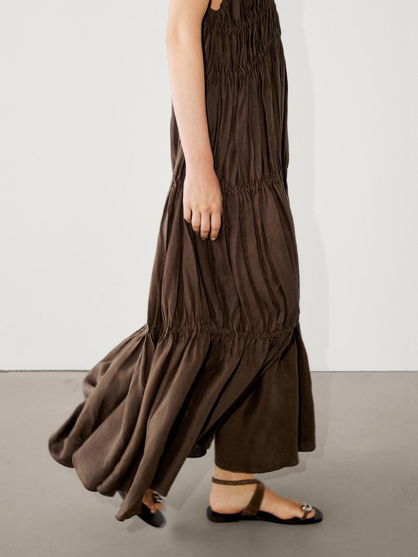 Massimo Dutti Linen Long With Gathered Detail Women Dress Chocolate | US-QH9637041