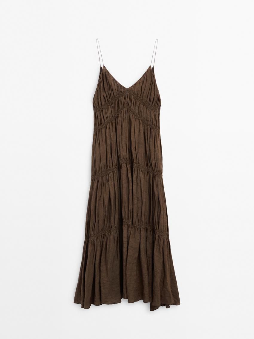 Massimo Dutti Linen Long With Gathered Detail Women Dress Chocolate | US-QH9637041