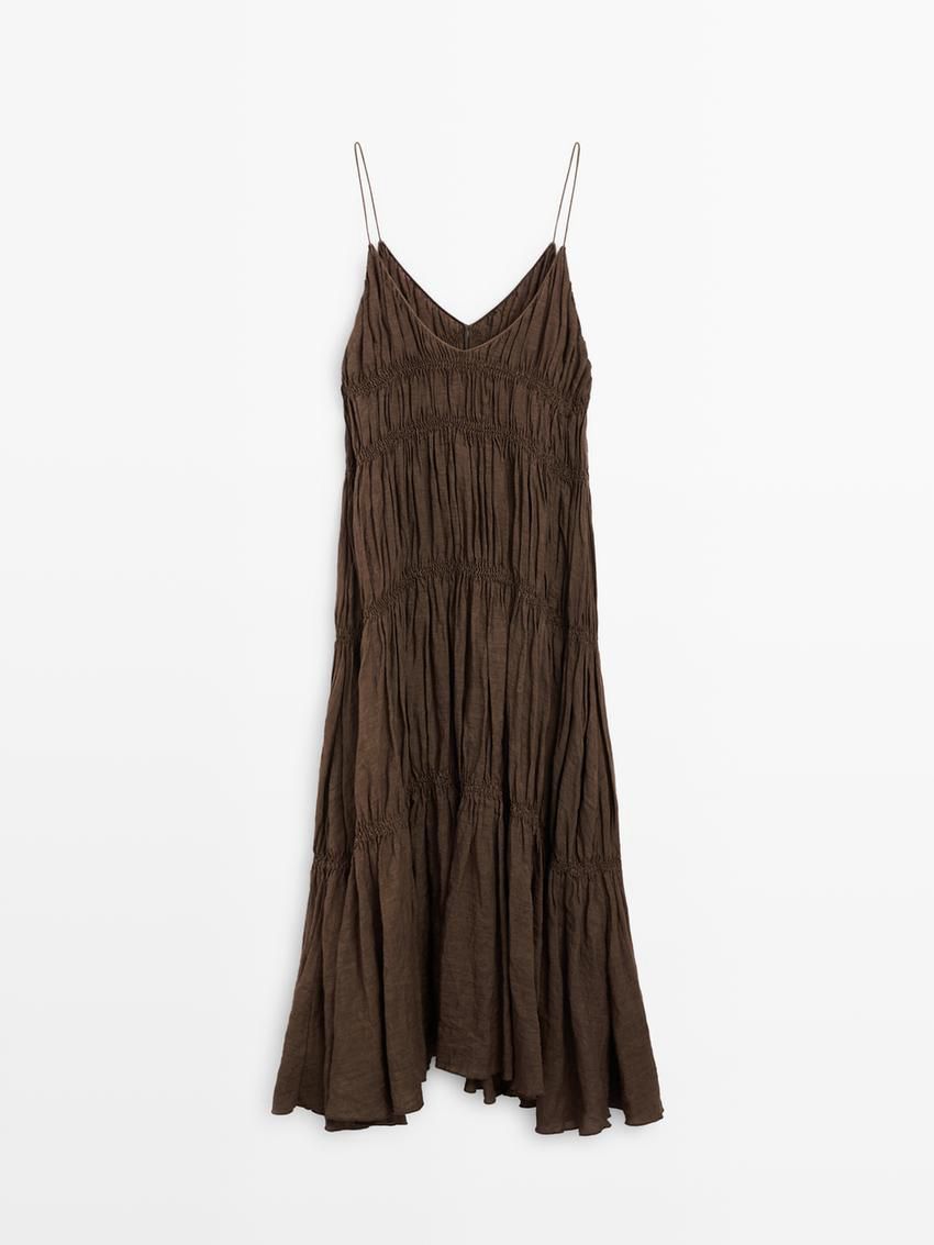 Massimo Dutti Linen Long With Gathered Detail Women Dress Chocolate | US-QH9637041