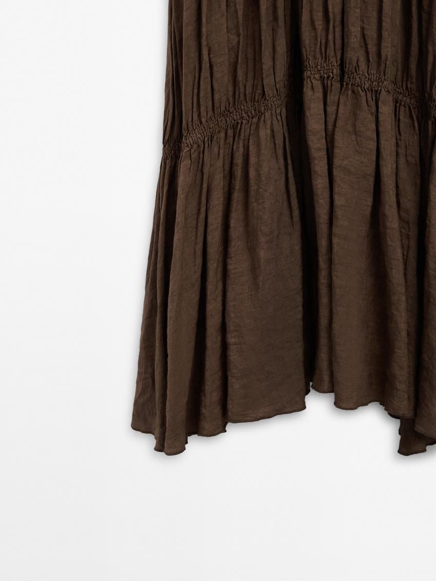 Massimo Dutti Linen Long With Gathered Detail Women Dress Chocolate | US-QH9637041