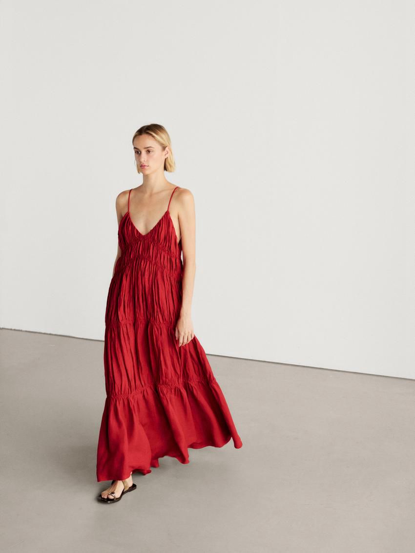 Massimo Dutti Linen Long With Gathered Detail Women Dress Red | US-LM7642958