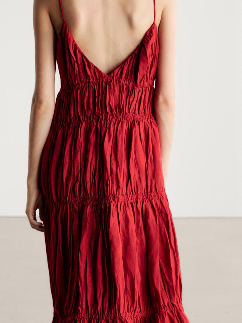 Massimo Dutti Linen Long With Gathered Detail Women Dress Red | US-LM7642958