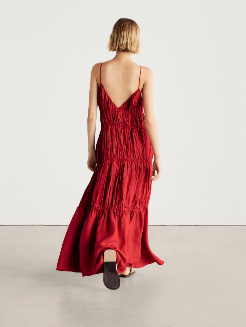 Massimo Dutti Linen Long With Gathered Detail Women Dress Red | US-LM7642958