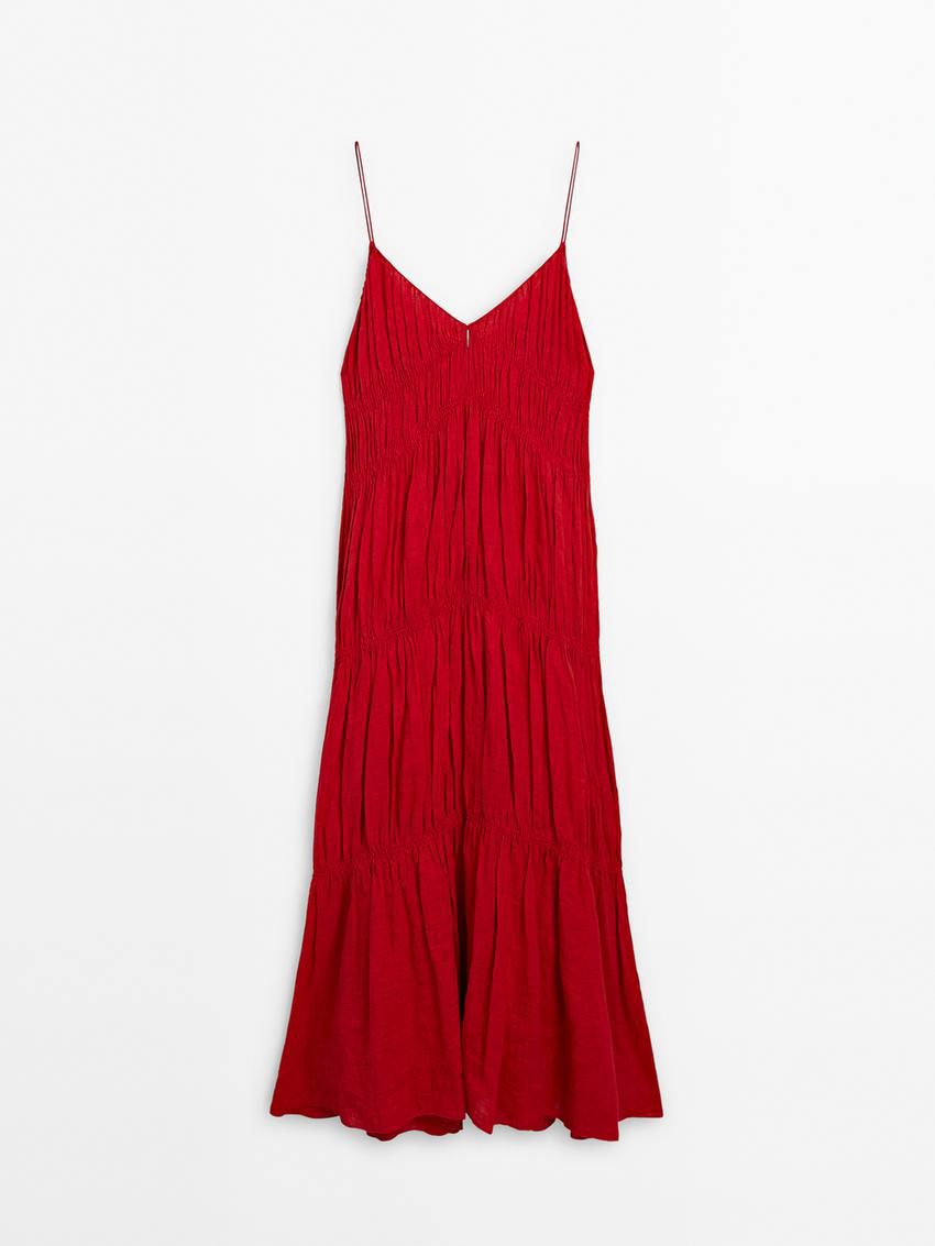 Massimo Dutti Linen Long With Gathered Detail Women Dress Red | US-LM7642958