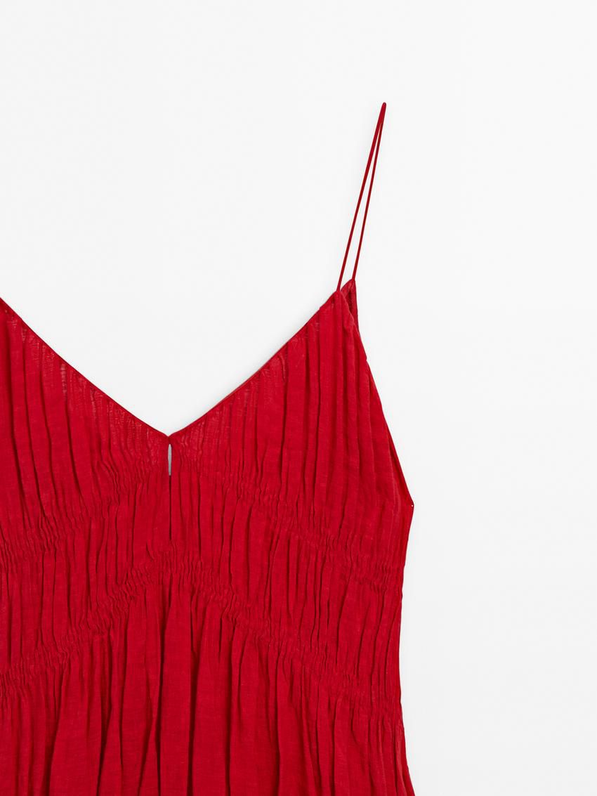 Massimo Dutti Linen Long With Gathered Detail Women Dress Red | US-LM7642958