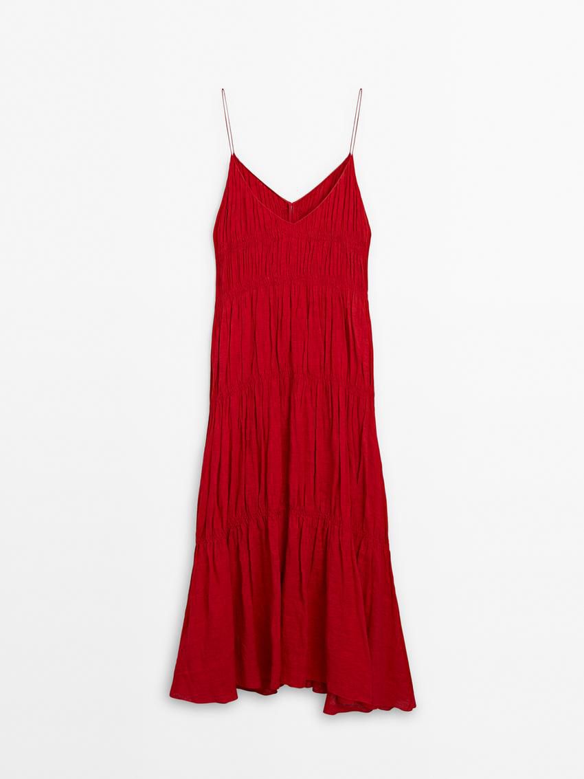 Massimo Dutti Linen Long With Gathered Detail Women Dress Red | US-LM7642958