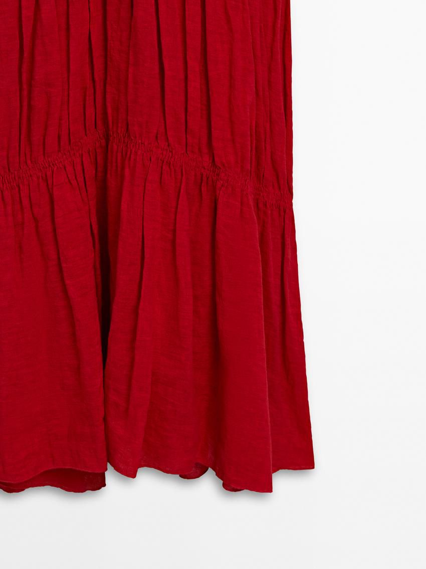 Massimo Dutti Linen Long With Gathered Detail Women Dress Red | US-LM7642958