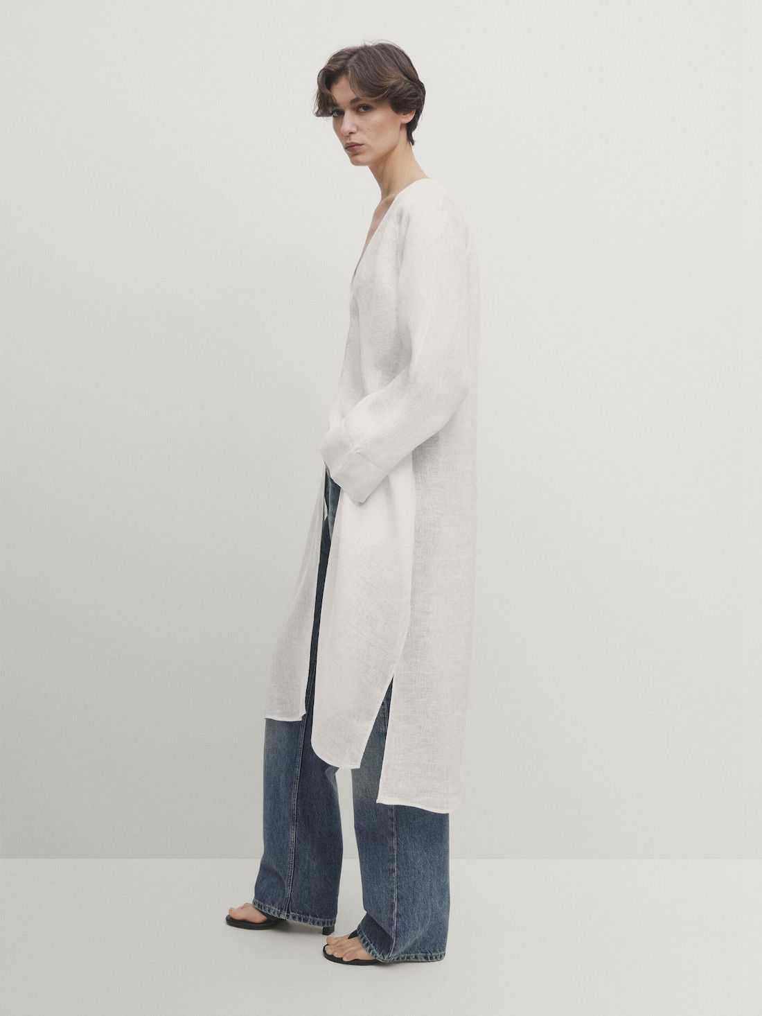 Massimo Dutti Linen Maxi Oversize Women Blouse White | US-UI3617029
