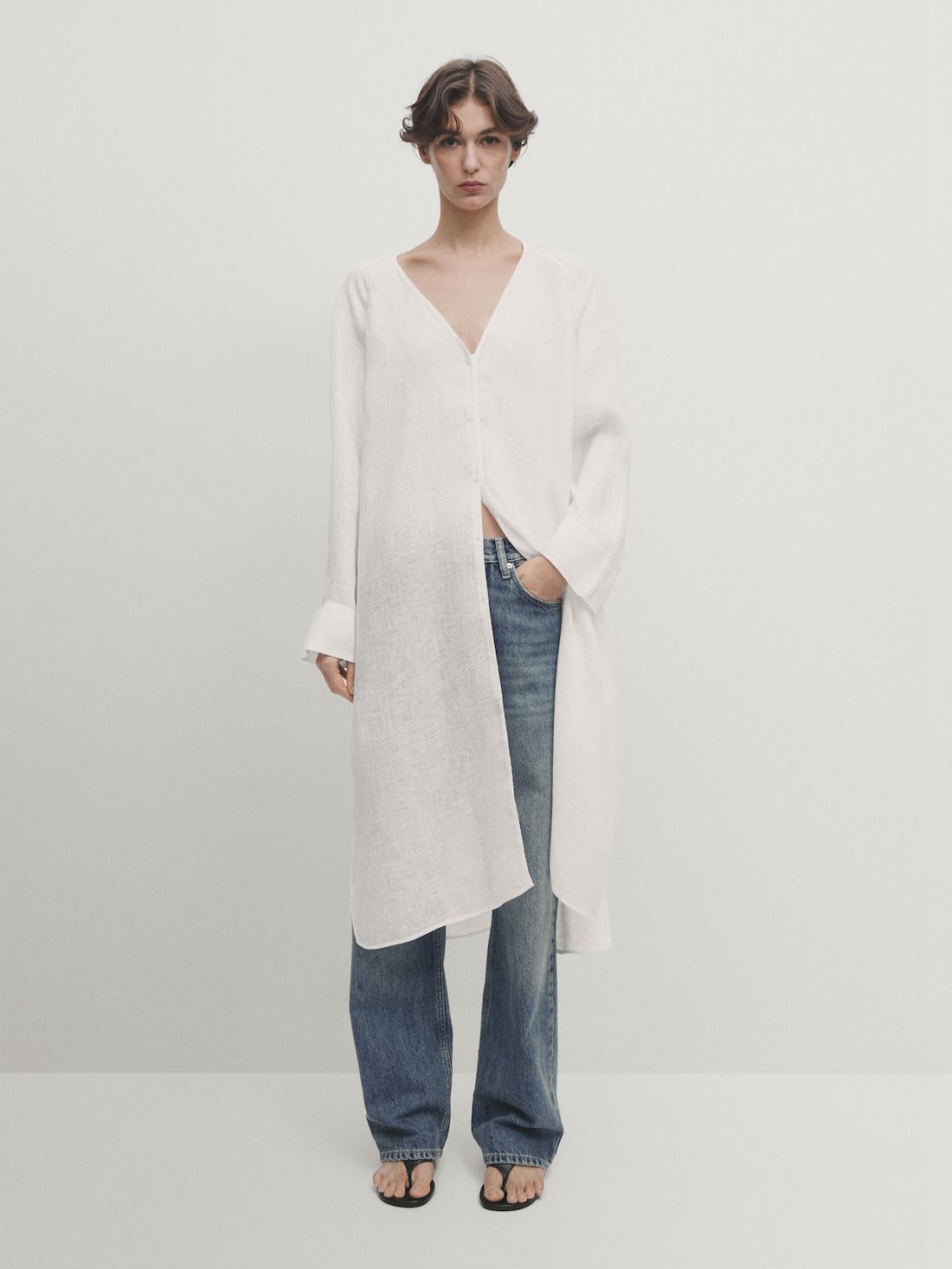 Massimo Dutti Linen Maxi Oversize Women Blouse White | US-UI3617029