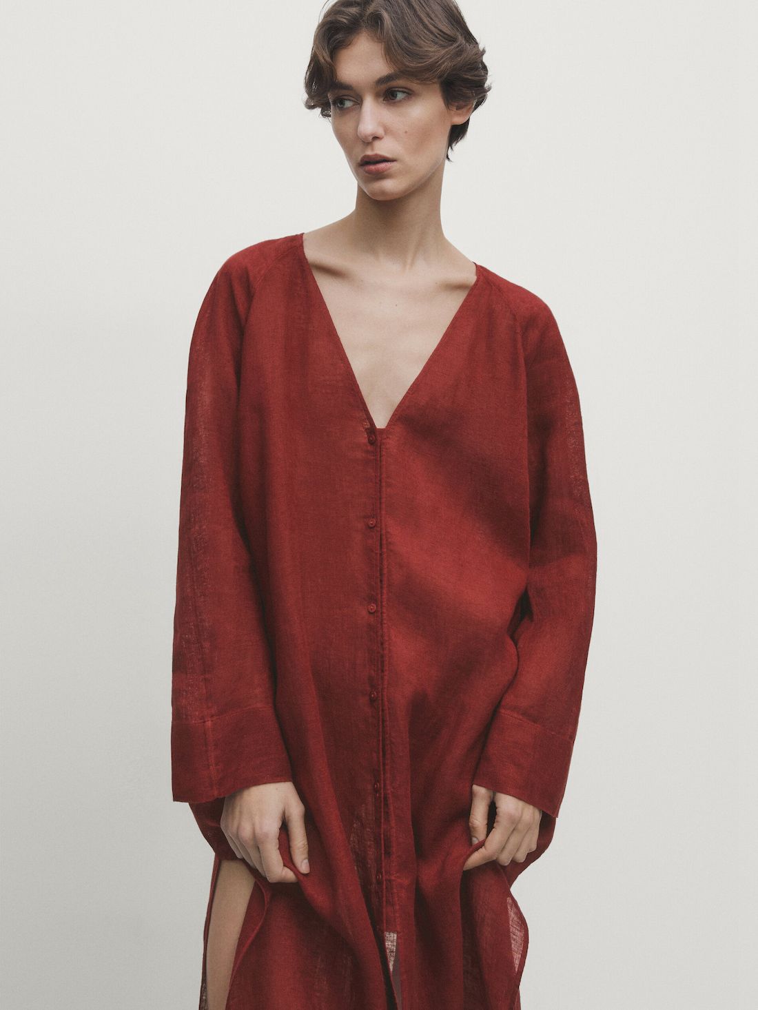 Massimo Dutti Linen Maxi Oversize Women Blouse Red | US-LM4035892