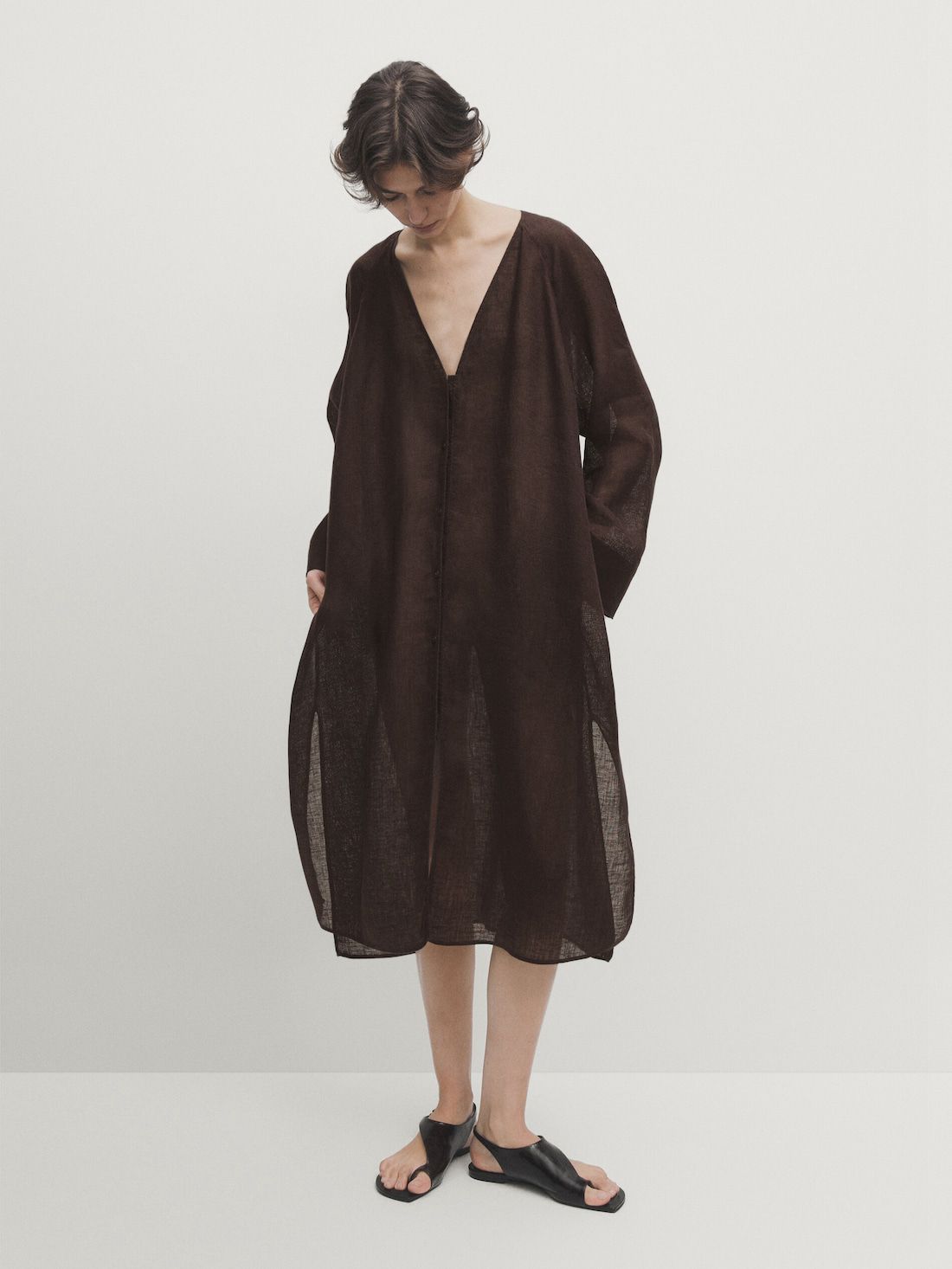 Massimo Dutti Linen Maxi Oversize Women Blouse Dark Brown | US-EM8729105