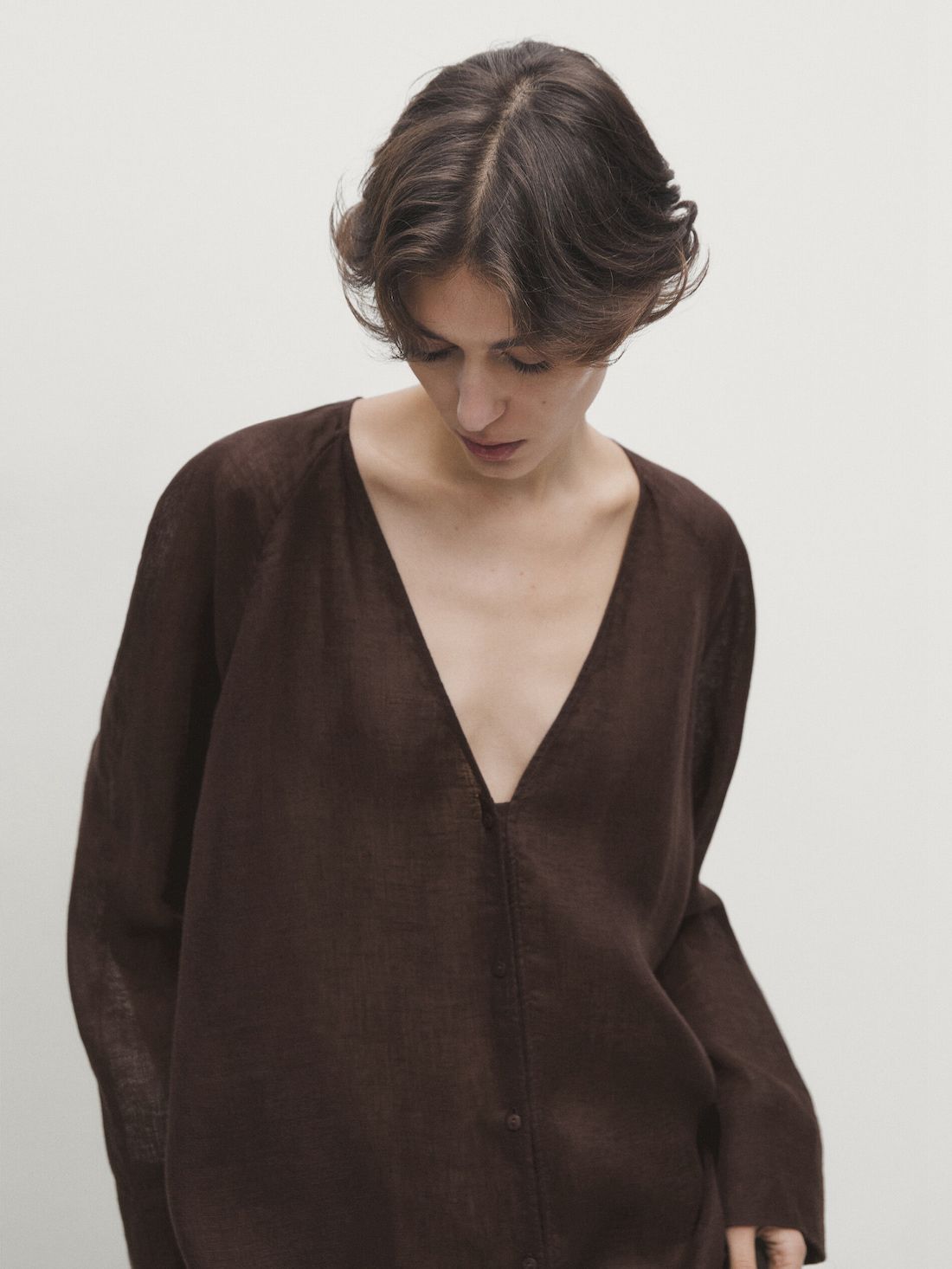 Massimo Dutti Linen Maxi Oversize Women Blouse Dark Brown | US-EM8729105