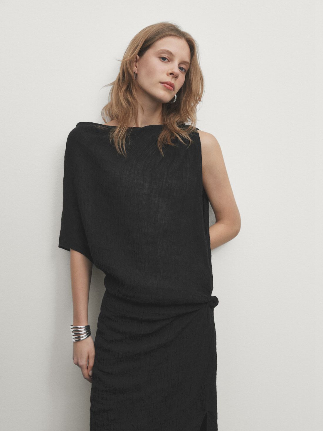 Massimo Dutti Linen Midi With Asymmetric Neckline Women Dress Black | US-CD4915786