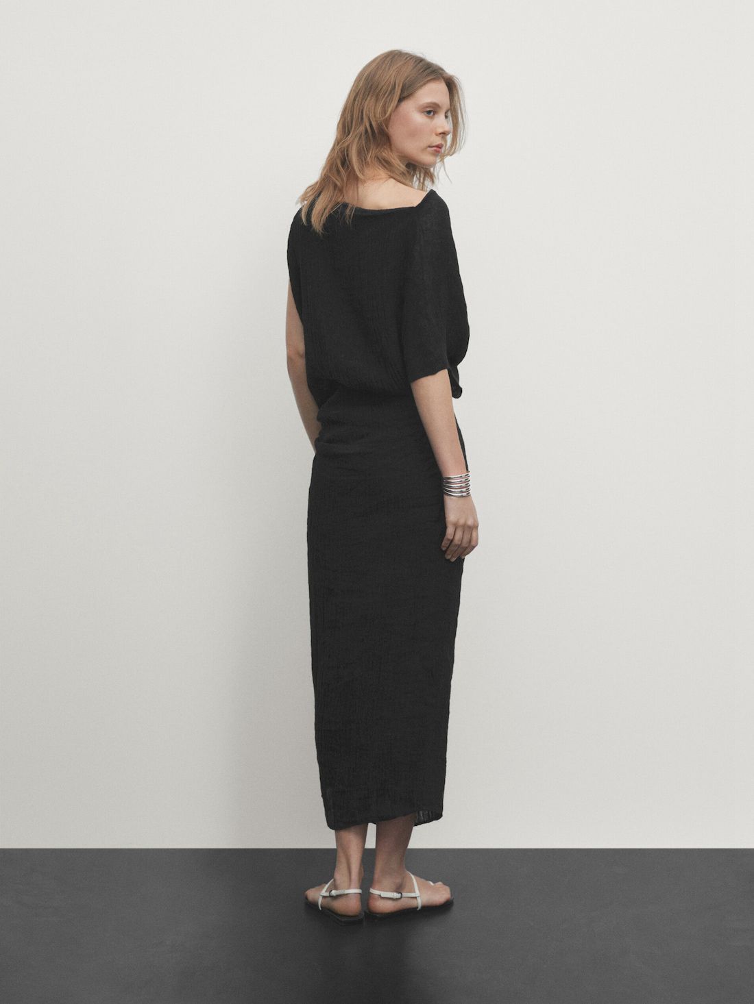 Massimo Dutti Linen Midi With Asymmetric Neckline Women Dress Black | US-CD4915786