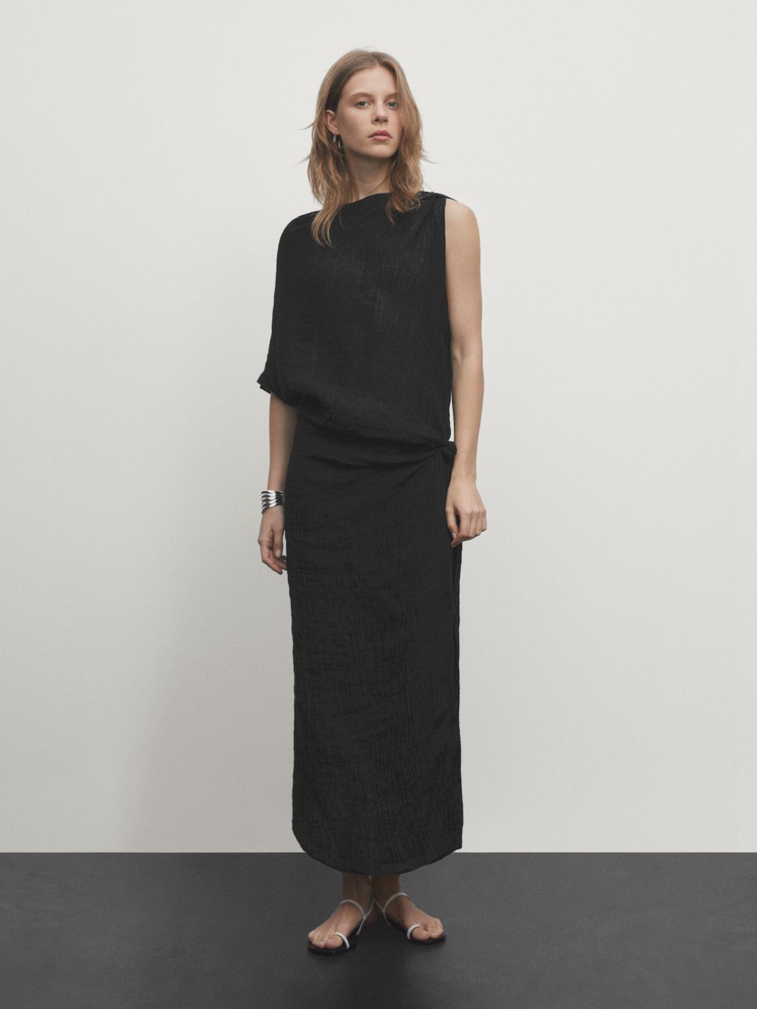 Massimo Dutti Linen Midi With Asymmetric Neckline Women Dress Black | US-CD4915786