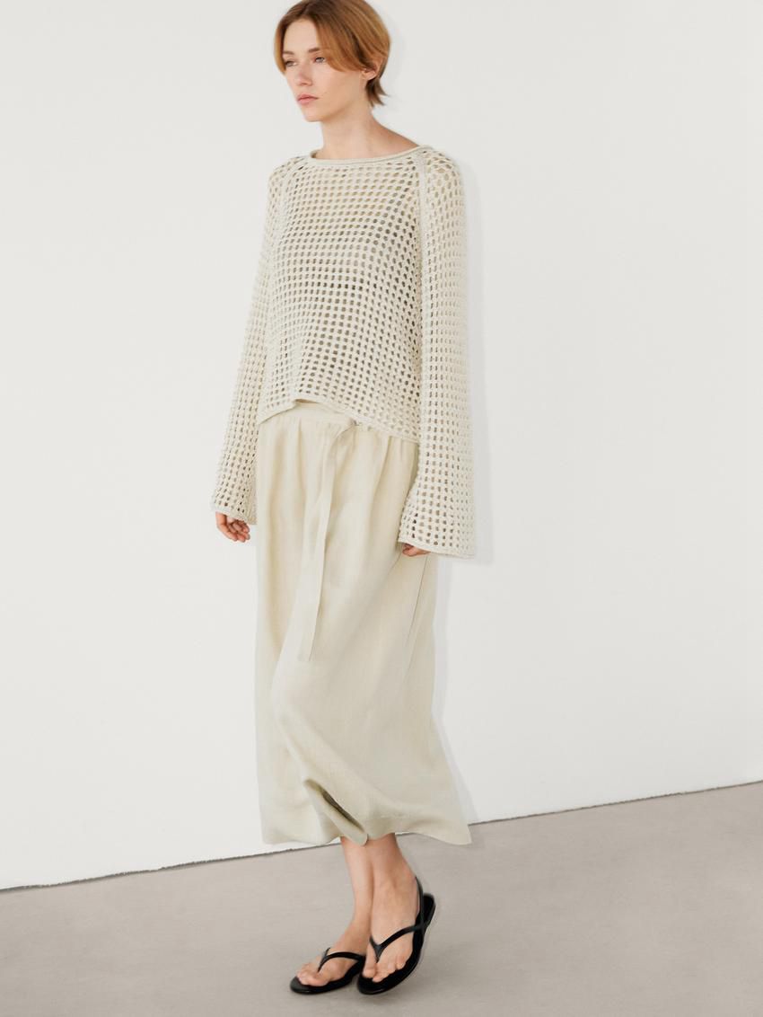 Massimo Dutti Linen Midi With Belt Detail Women Skirts Cream | US-PM0852319