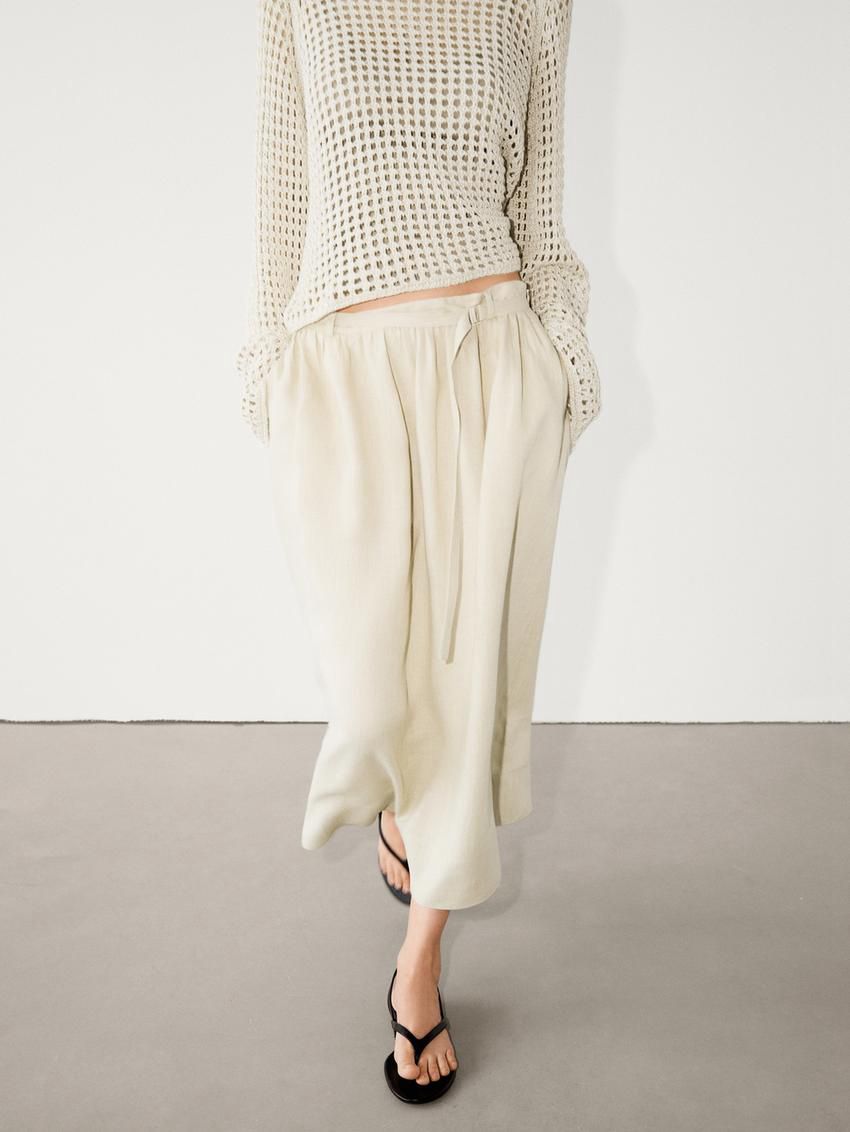 Massimo Dutti Linen Midi With Belt Detail Women Skirts Cream | US-PM0852319