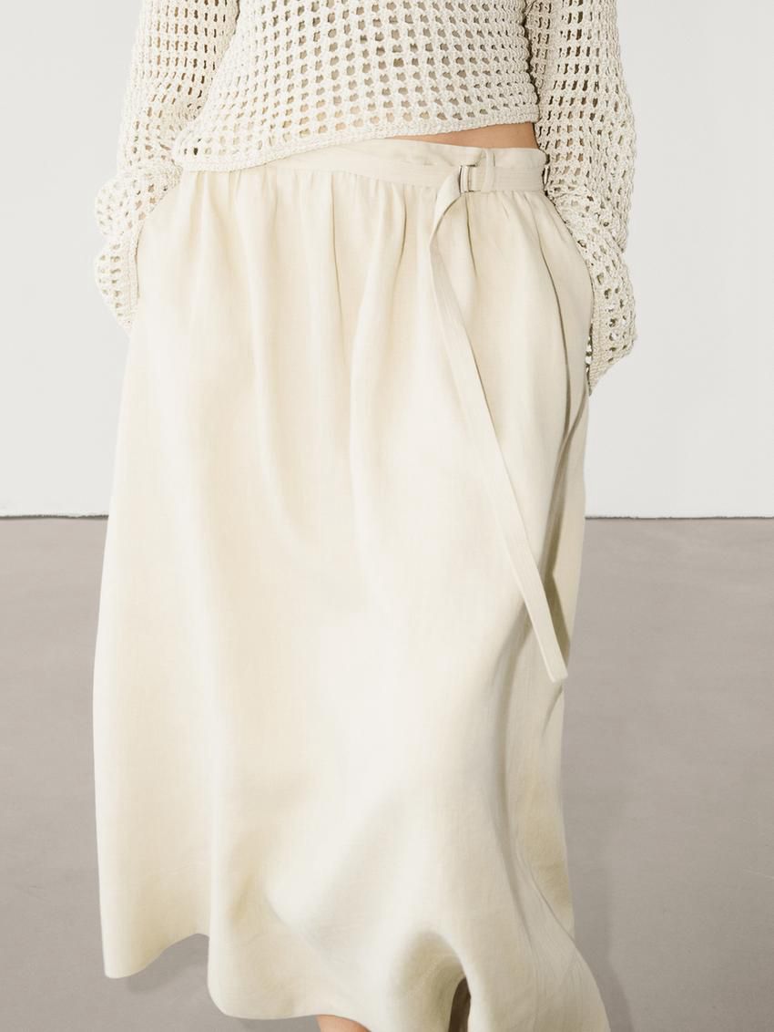 Massimo Dutti Linen Midi With Belt Detail Women Skirts Cream | US-PM0852319