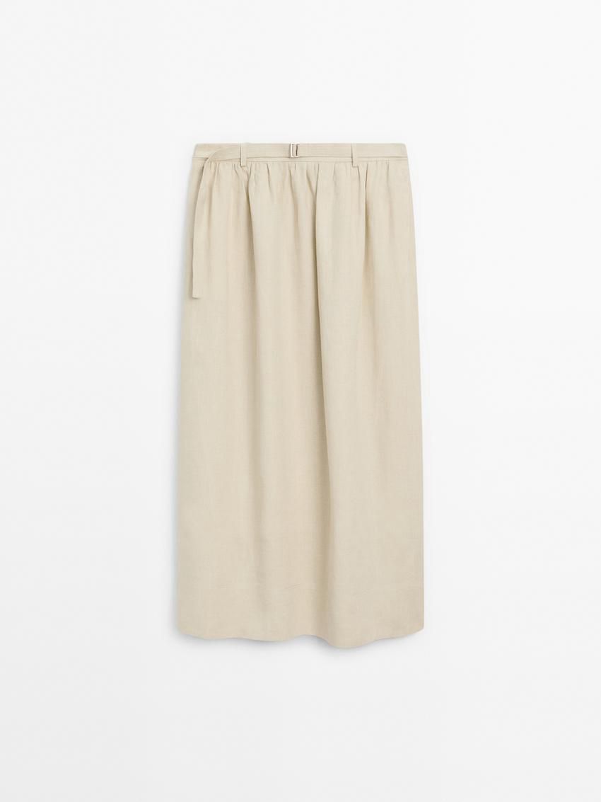 Massimo Dutti Linen Midi With Belt Detail Women Skirts Cream | US-PM0852319