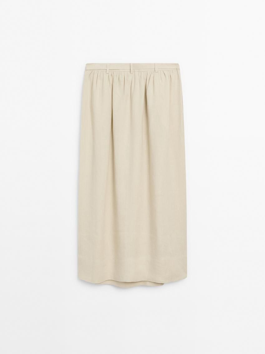 Massimo Dutti Linen Midi With Belt Detail Women Skirts Cream | US-PM0852319