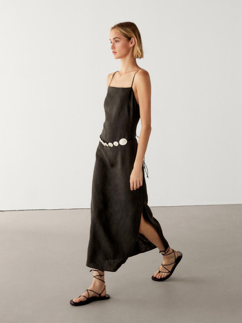 Massimo Dutti Linen Midi With Slit Details Women Dress Dark Brown | US-VB7395842