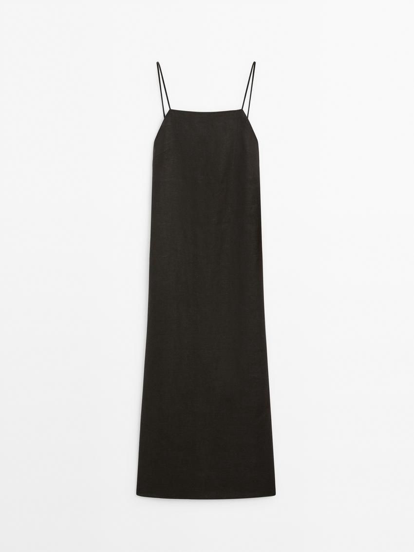 Massimo Dutti Linen Midi With Slit Details Women Dress Dark Brown | US-VB7395842