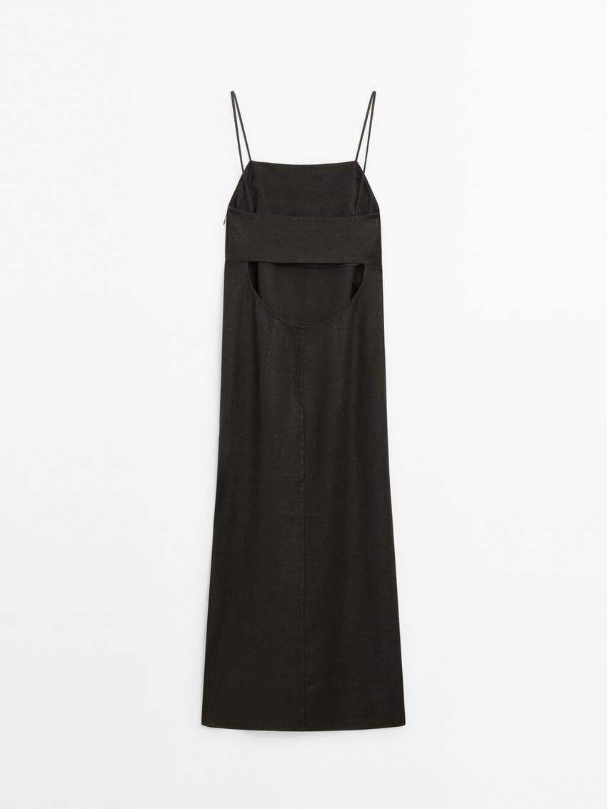 Massimo Dutti Linen Midi With Slit Details Women Dress Dark Brown | US-VB7395842