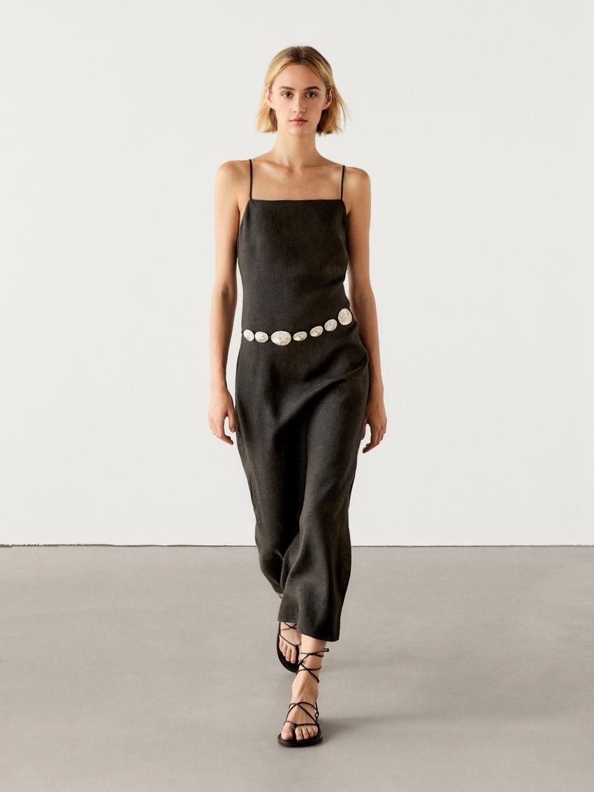 Massimo Dutti Linen Midi With Slit Details Women Dress Dark Brown | US-VB7395842