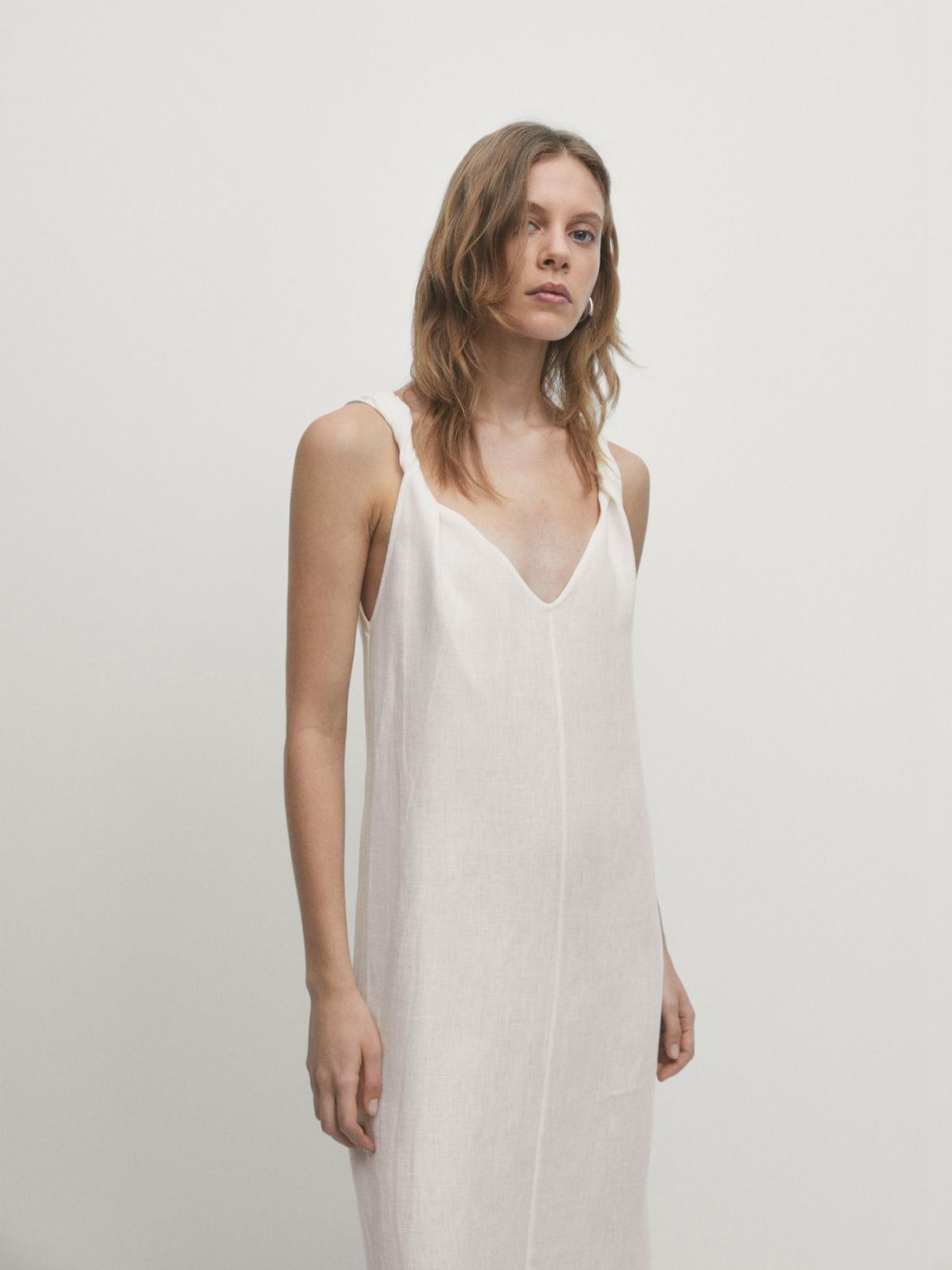 Massimo Dutti Linen Midi With Strap Details Women Dress White | US-GO8576240