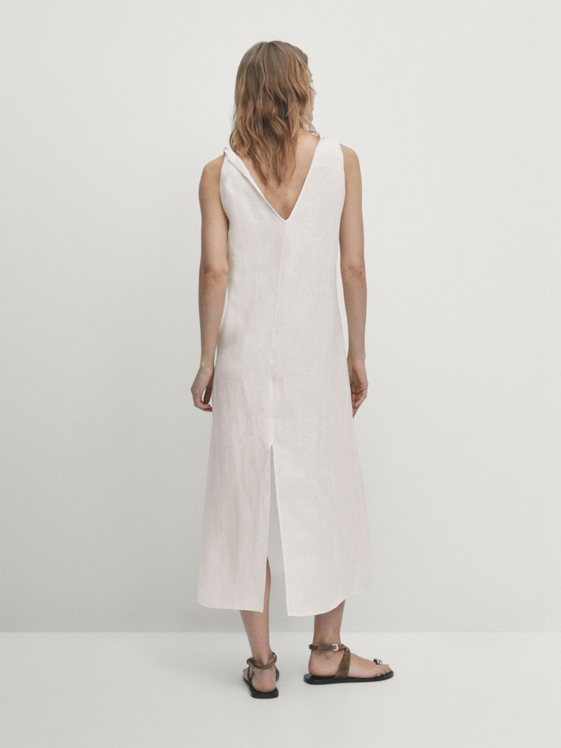 Massimo Dutti Linen Midi With Strap Details Women Dress White | US-GO8576240