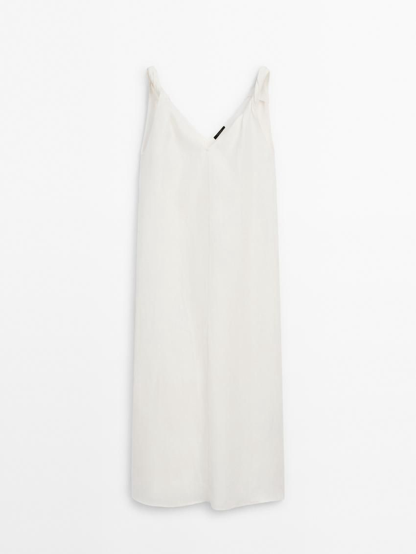 Massimo Dutti Linen Midi With Strap Details Women Dress White | US-GO8576240