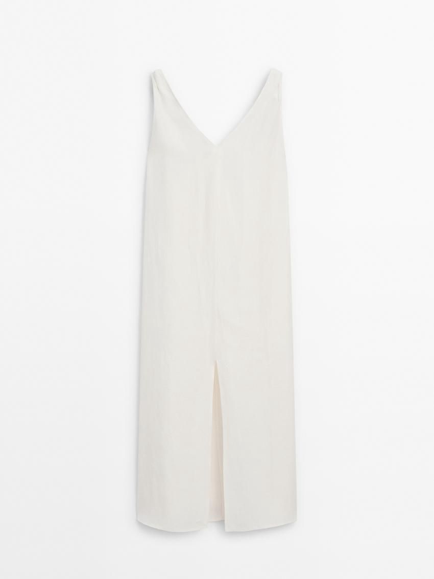 Massimo Dutti Linen Midi With Strap Details Women Dress White | US-GO8576240