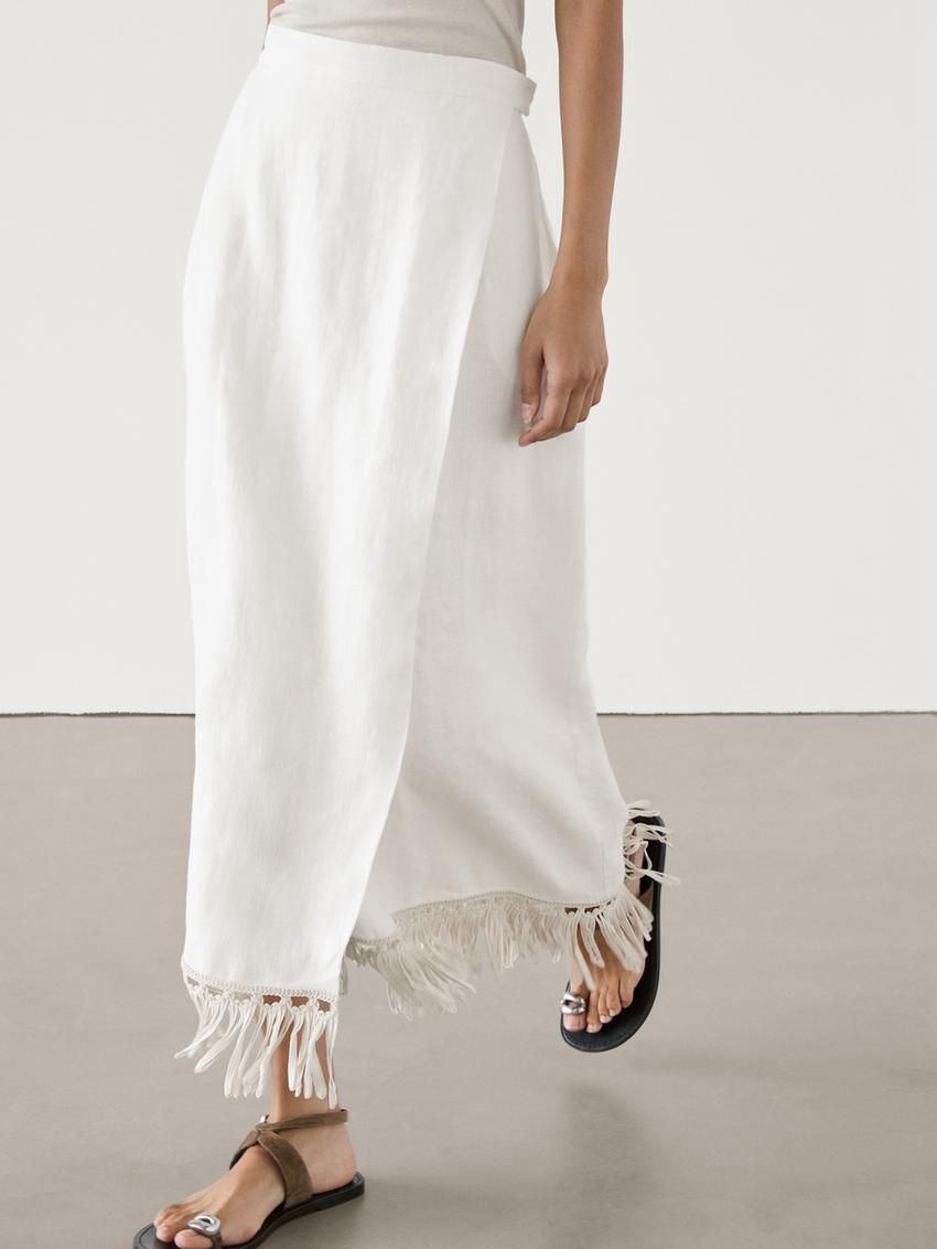 Massimo Dutti Linen Pareo With Fringe Detail Women Skirts White | US-PK4079163