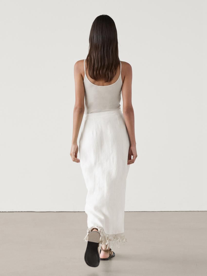 Massimo Dutti Linen Pareo With Fringe Detail Women Skirts White | US-PK4079163