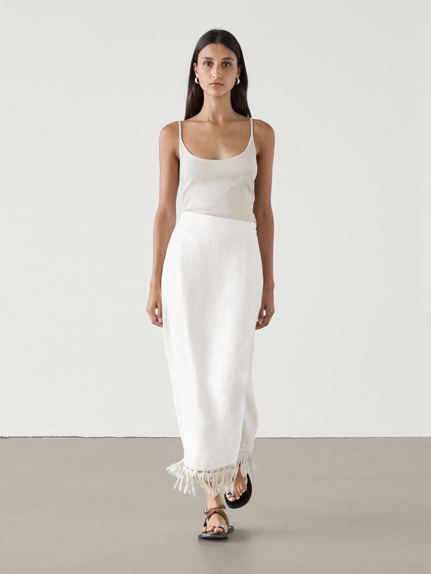 Massimo Dutti Linen Pareo With Fringe Detail Women Skirts White | US-PK4079163