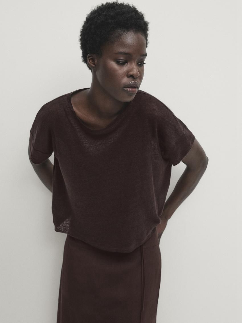 Massimo Dutti Linen Semi-sheer Women T-Shirt Dark Brown | US-YS1092463
