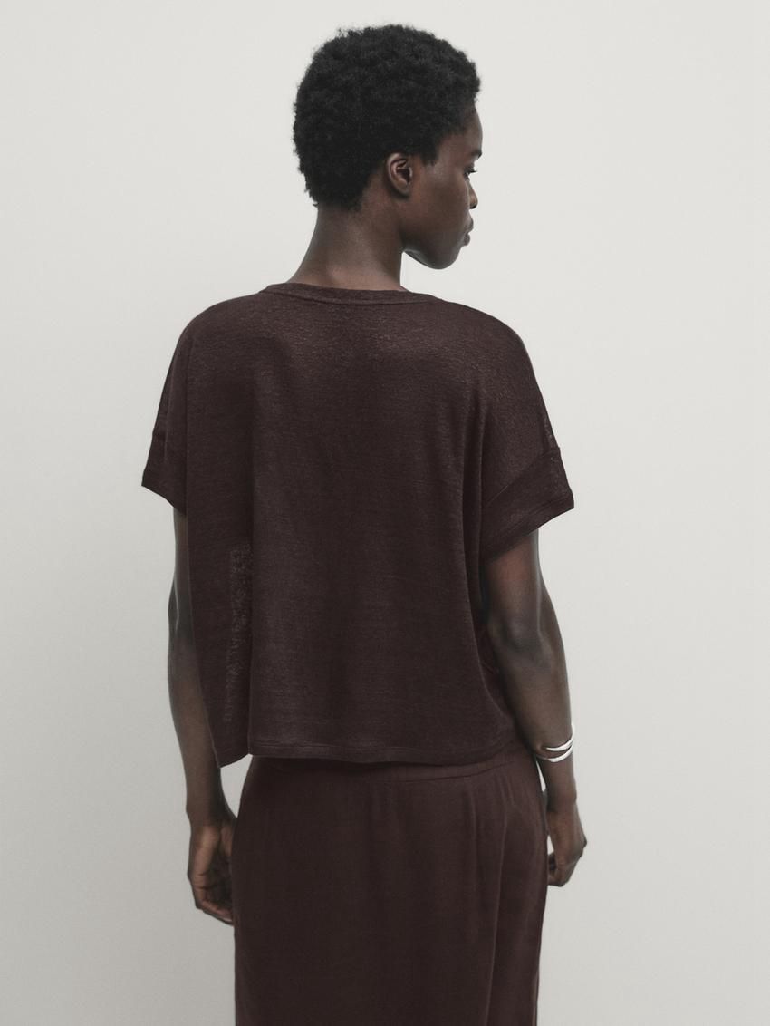 Massimo Dutti Linen Semi-sheer Women T-Shirt Dark Brown | US-YS1092463