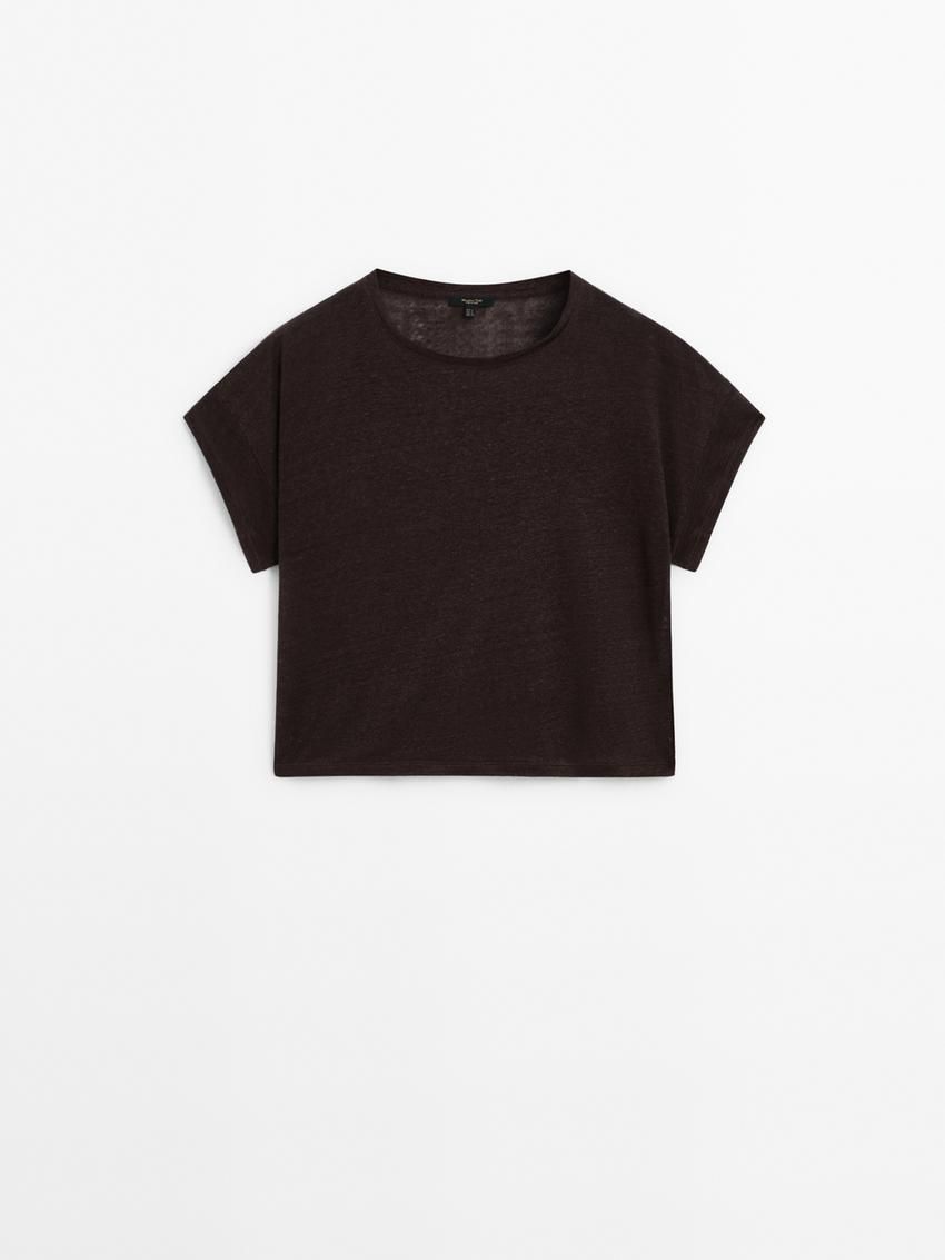 Massimo Dutti Linen Semi-sheer Women T-Shirt Dark Brown | US-YS1092463