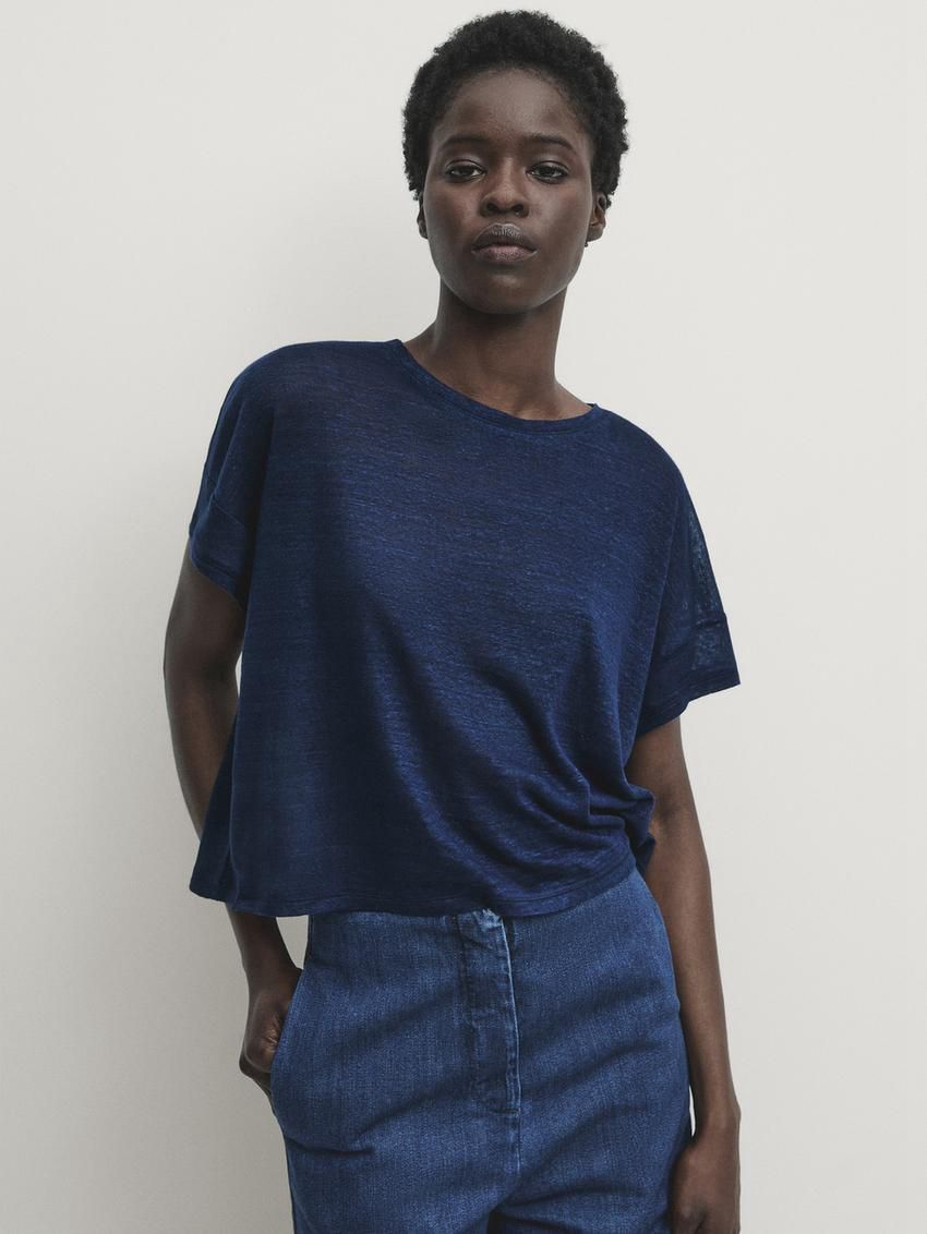 Massimo Dutti Linen Semi-sheer Women T-Shirt Navy | US-NS1234978