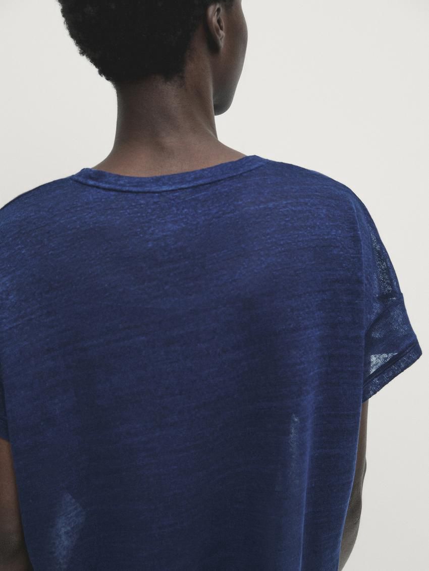 Massimo Dutti Linen Semi-sheer Women T-Shirt Navy | US-NS1234978
