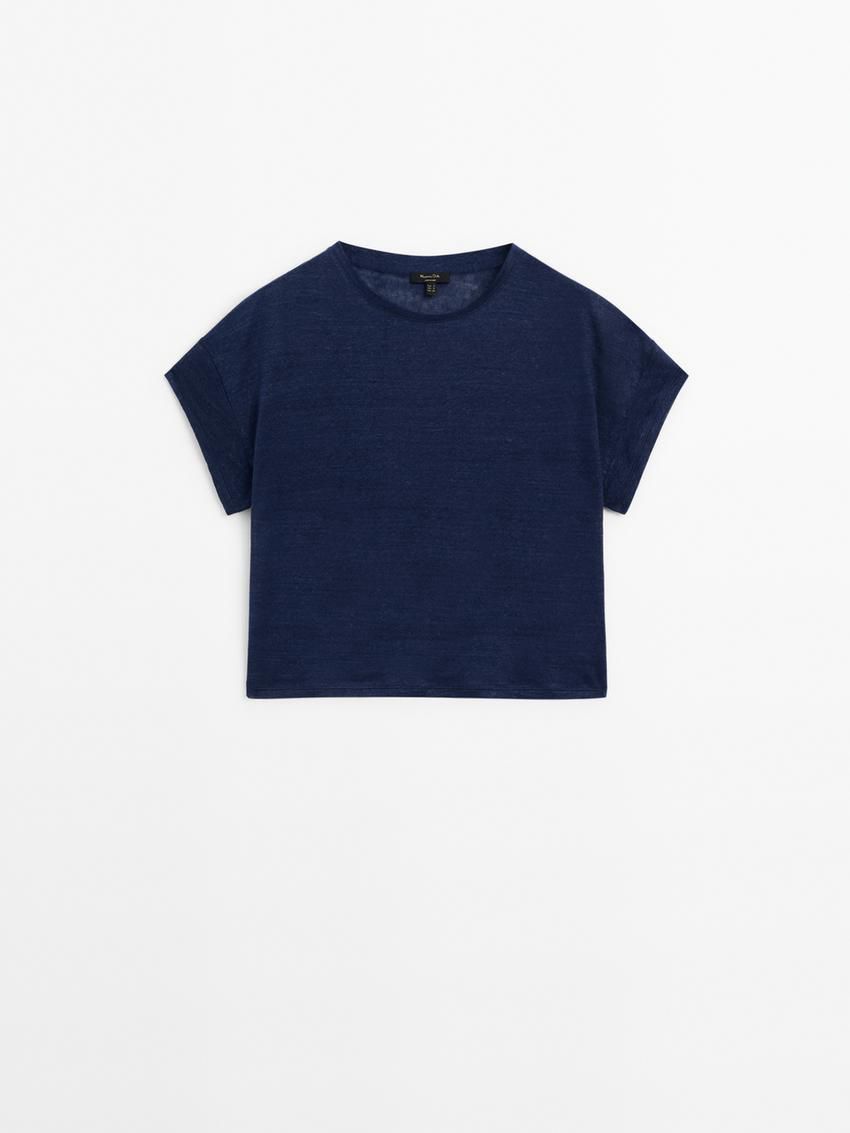 Massimo Dutti Linen Semi-sheer Women T-Shirt Navy | US-NS1234978