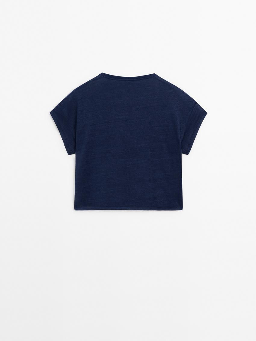 Massimo Dutti Linen Semi-sheer Women T-Shirt Navy | US-NS1234978