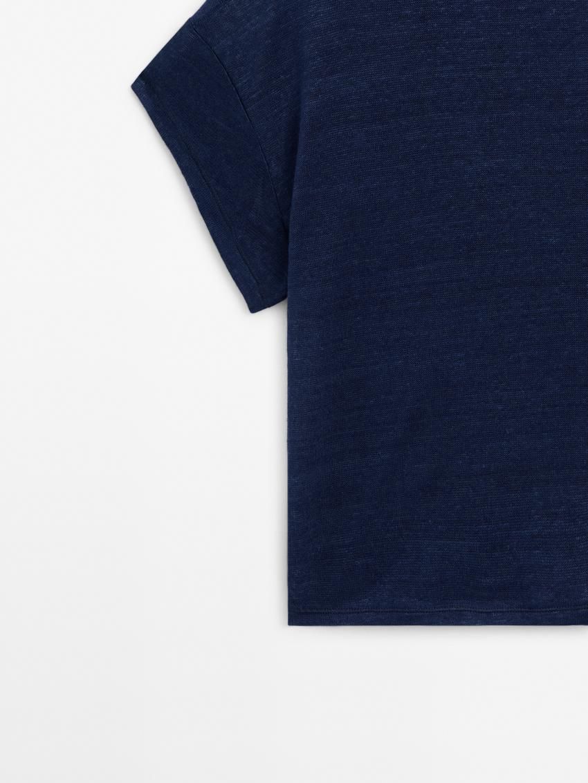 Massimo Dutti Linen Semi-sheer Women T-Shirt Navy | US-NS1234978
