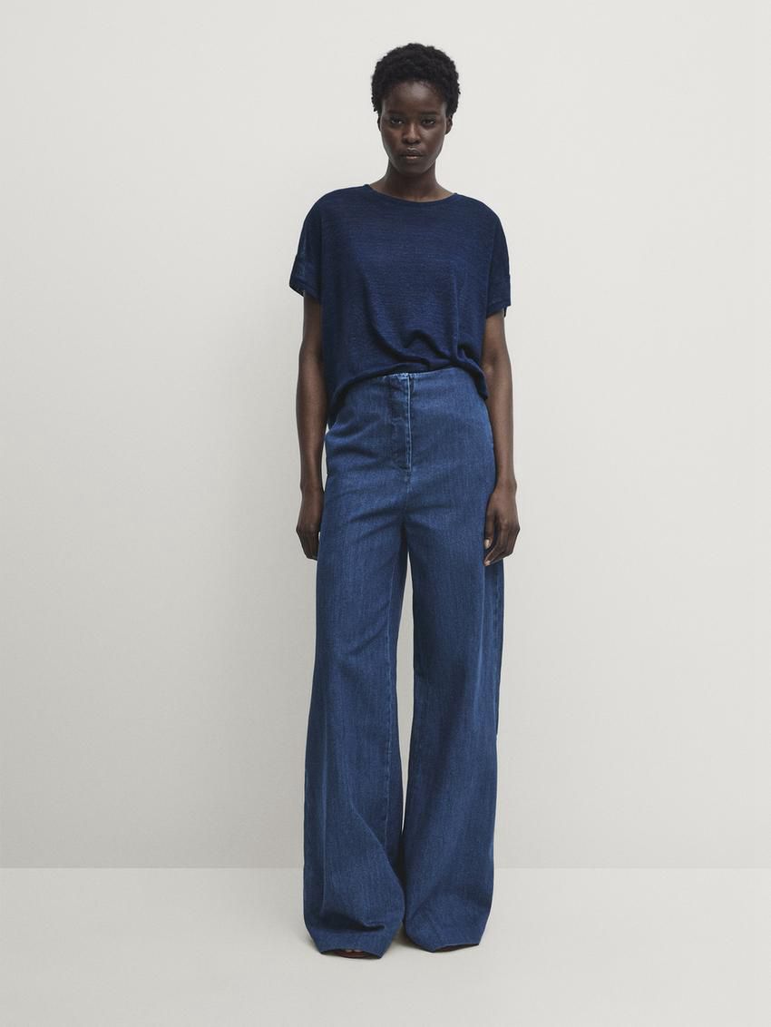 Massimo Dutti Linen Semi-sheer Women T-Shirt Navy | US-NS1234978
