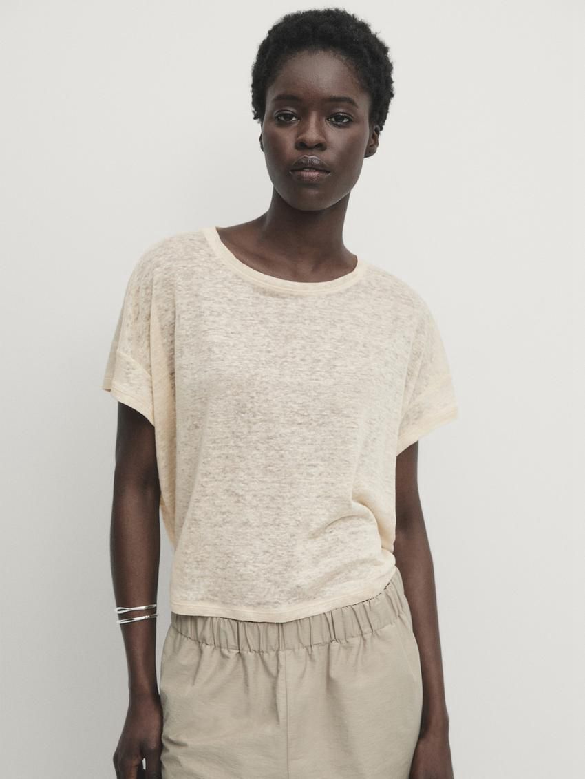 Massimo Dutti Linen Semi-sheer Women T-Shirt Beige | US-UN7359420