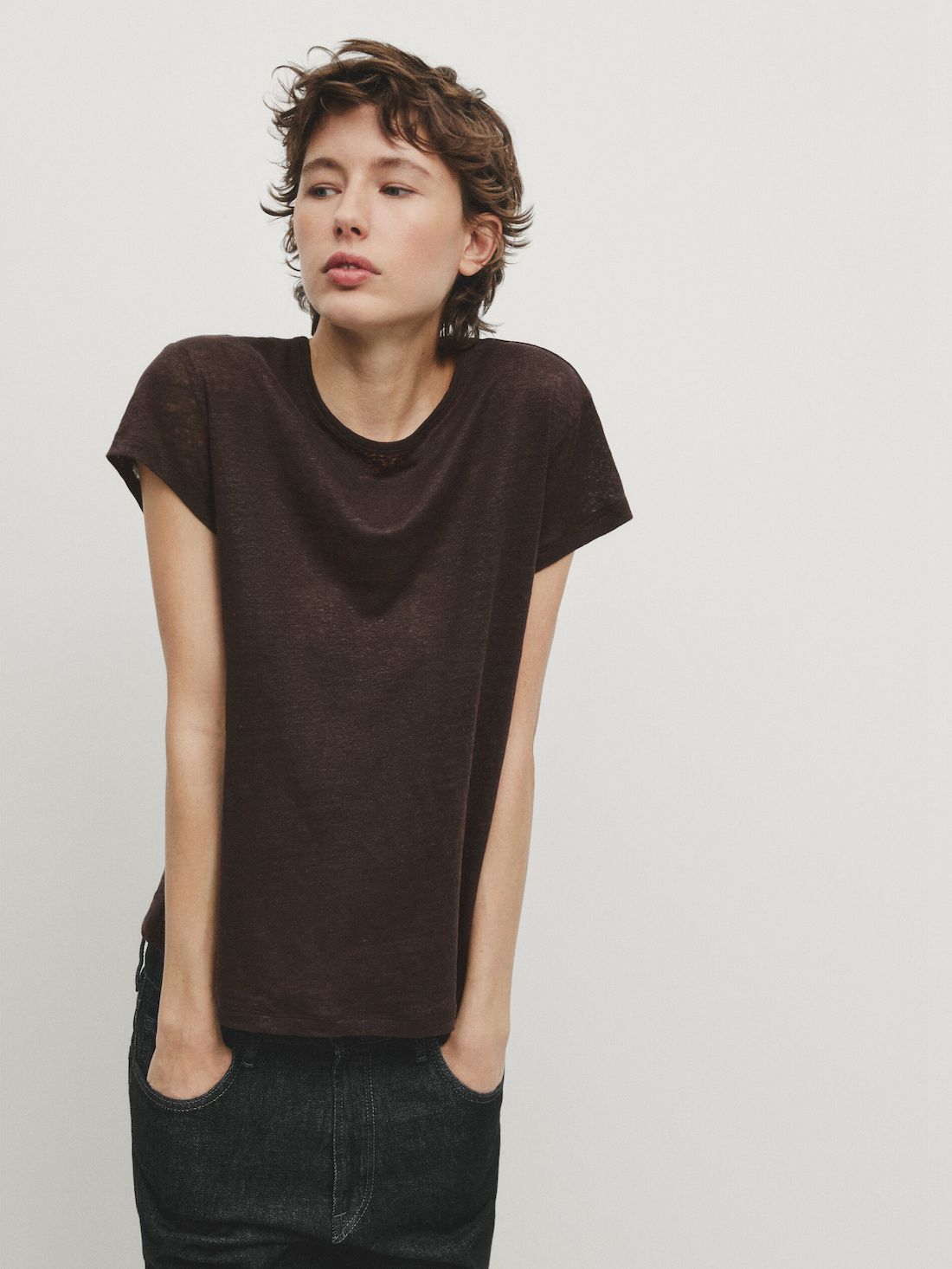 Massimo Dutti Linen Short Sleeve Women T-Shirt Dark Brown | US-WS9175362