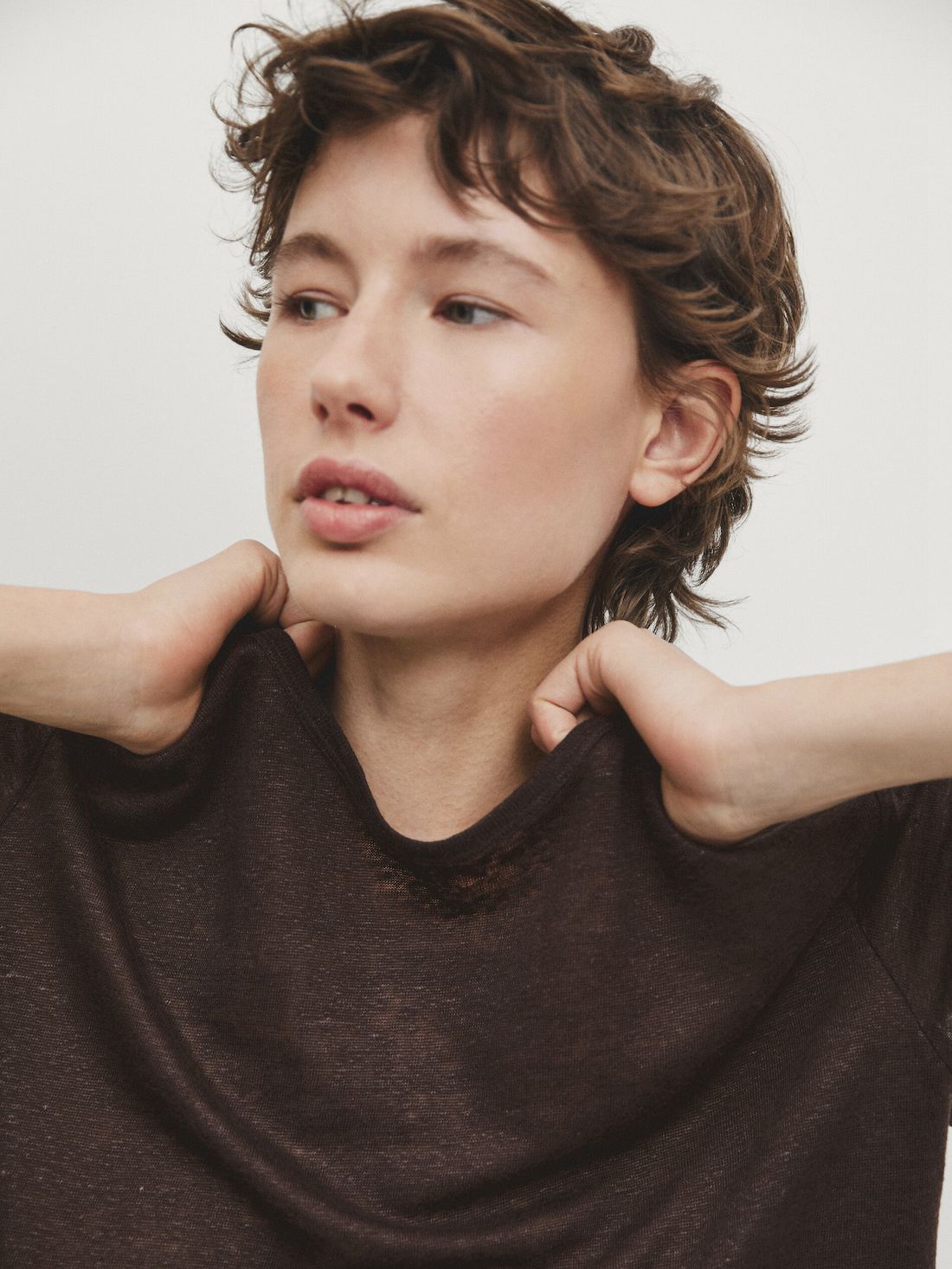 Massimo Dutti Linen Short Sleeve Women T-Shirt Dark Brown | US-WS9175362