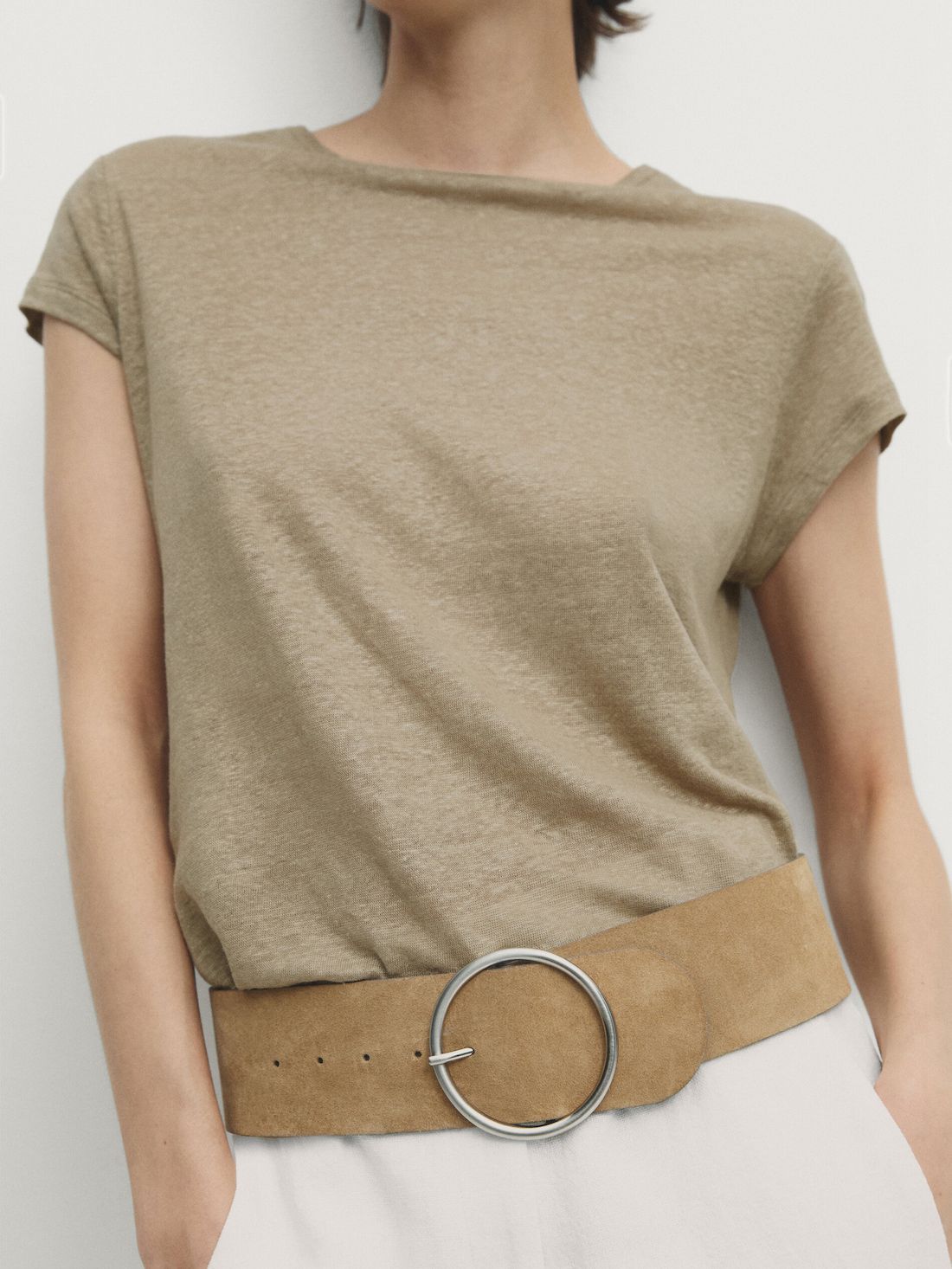 Massimo Dutti Linen Short Sleeve Women T-Shirt Khaki | US-CY9682750