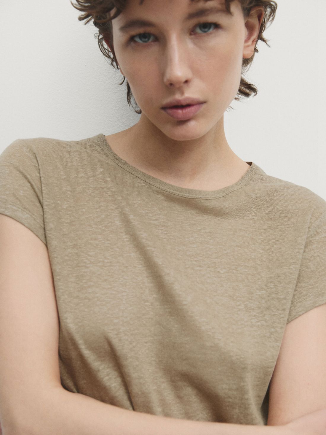 Massimo Dutti Linen Short Sleeve Women T-Shirt Khaki | US-CY9682750