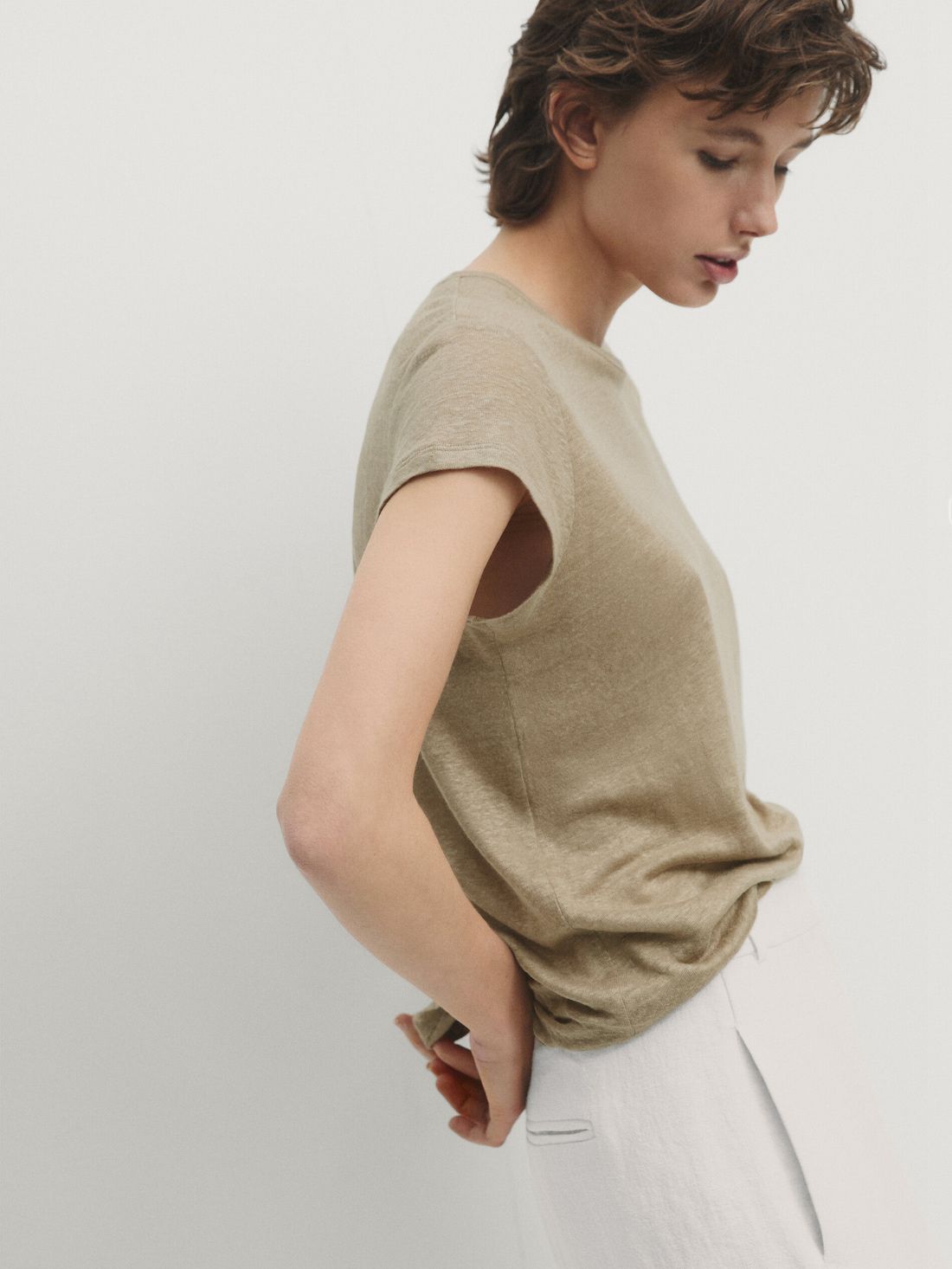 Massimo Dutti Linen Short Sleeve Women T-Shirt Khaki | US-CY9682750
